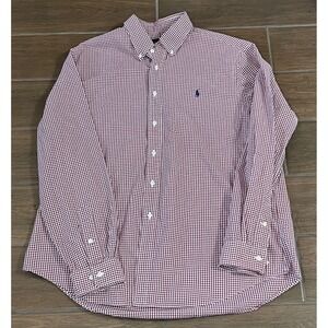 Ralph Lauren Mens XL Gingham Button Down Shirt Burgundy White Long Sleeve Cotton